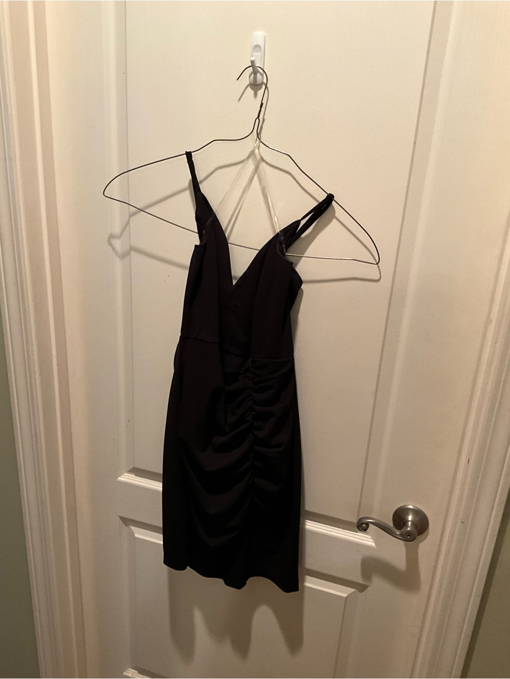 Emerald Sundae Black Spaghetti Strap Ruched Mini Dress